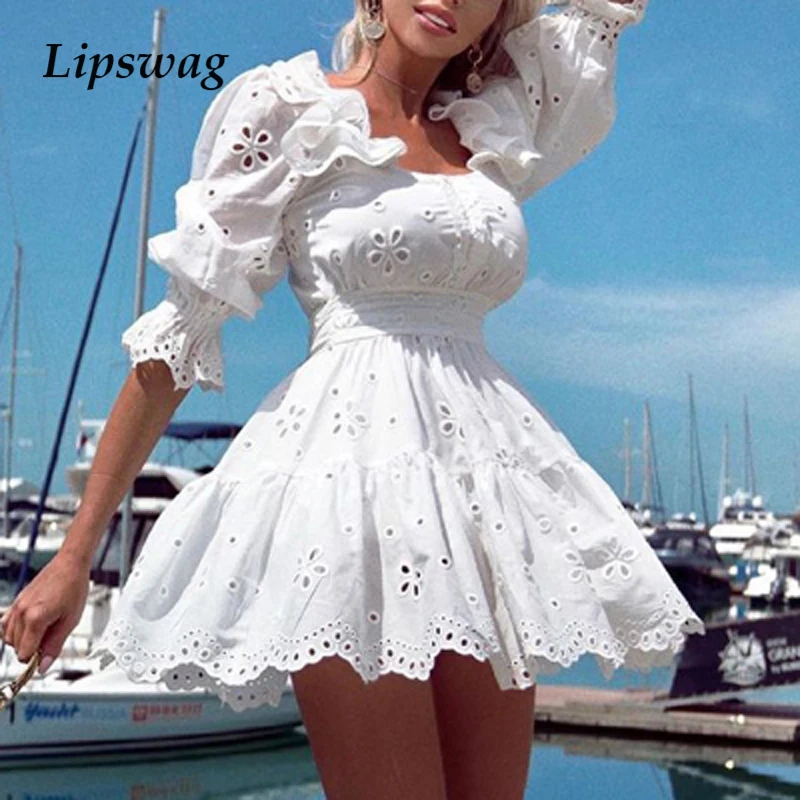 

Summer Elegant Women's Cotton Dress Fashion Embroidery Hollow Out Square Collar Party Dresses Autumn Lady Chic Half Sleeve Dress