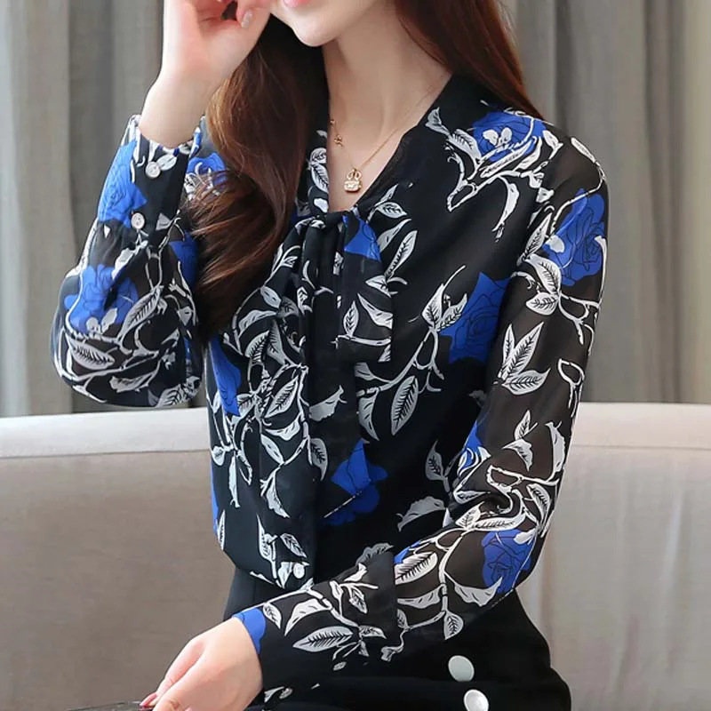 

2019 модная женская шифоновая Свободная рубашка с V-образным вырезом и длинным рукавом, женские топы с принтом, женские блузки с длинным рукав...