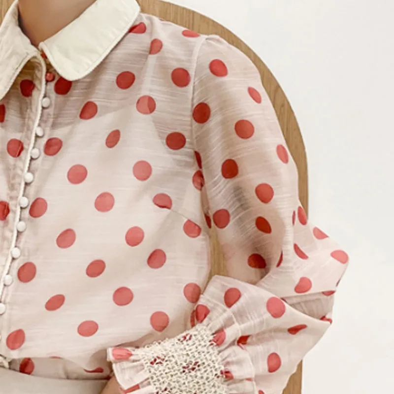 

2019 Fashion Women Blouse Long Sleeve New Pink Women Clothing Causal Chiffon Elegant Polka Dot Women Tops 5325 50