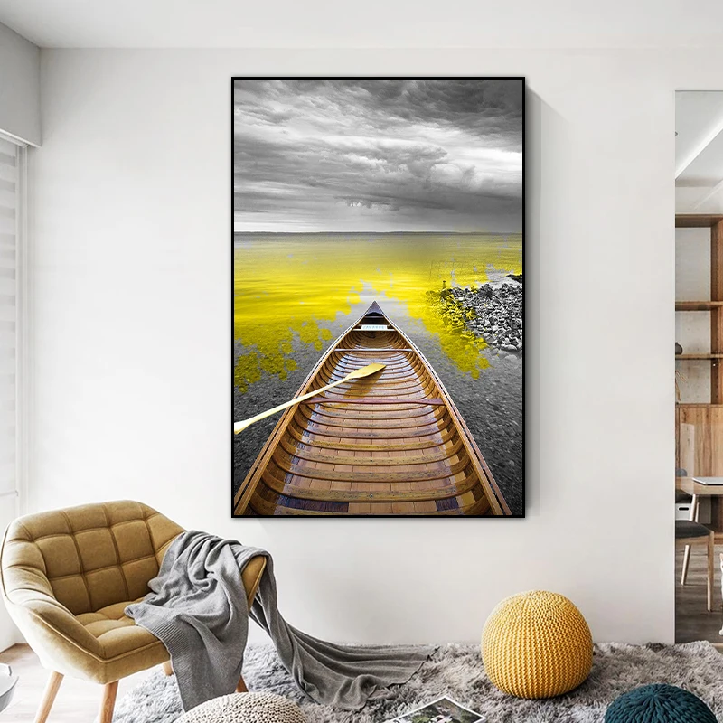 

Современный пейзаж, настенный постер, озеро, лодка, холст, принт, Скандинавская живопись на стену, картина для гостиной, домашний декор