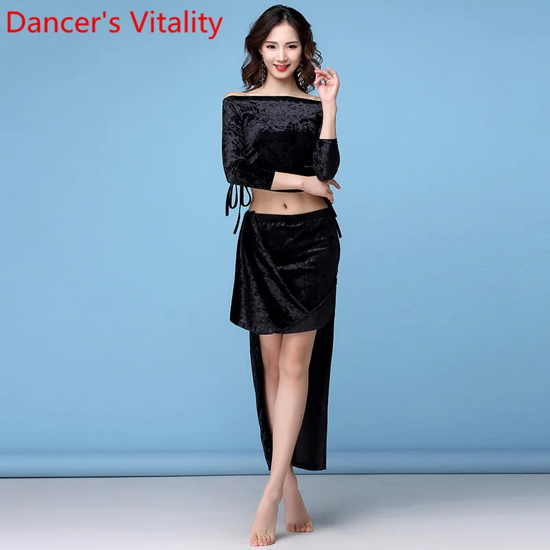 

Belly Dance Practice Clothes Winter Long Sleeve Drawstring Top Velour Skirt Set Women Oriental Indian Dancers Training Costume
