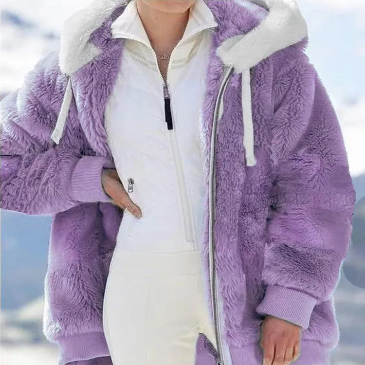 

Women's autumn and winter jacket flannel new autumn and winter loose plush zipper hooded jacket women