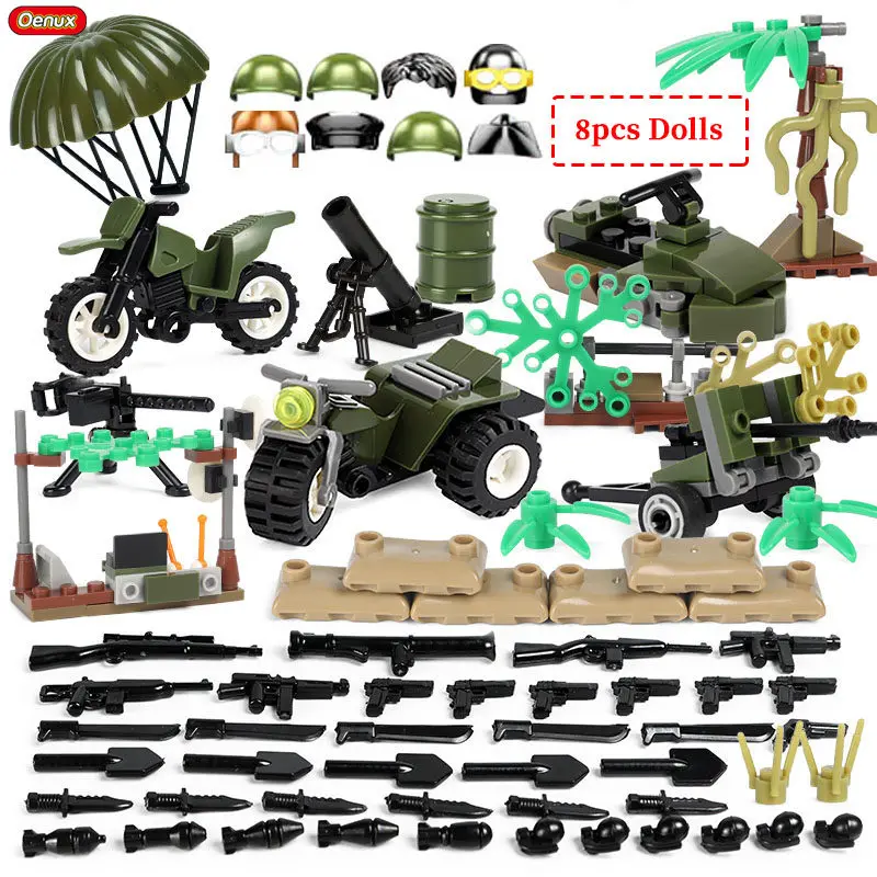 

Oenux 8pcs WW2 Mini US Army Soldiers Figure Military Small Building Block Set Military Tank Motorcycle Vehicle MOC Brick Kid Toy