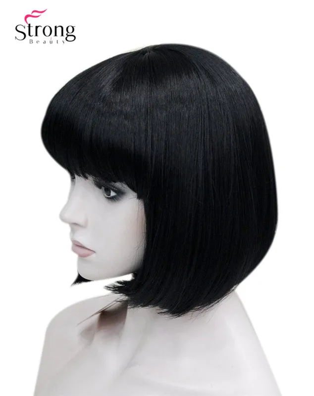 1 Dark Black StrongBeauty Auburn короткий прямой Боб с челкой синтетические волосы женские полный парик центр кожи Топ - Цвет: 1 Dark Black