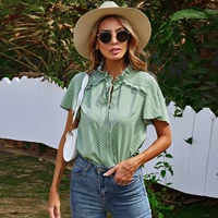 2021 summer new female stitching green lace polka dot shirt chiffon short sleeve t shirt yy107