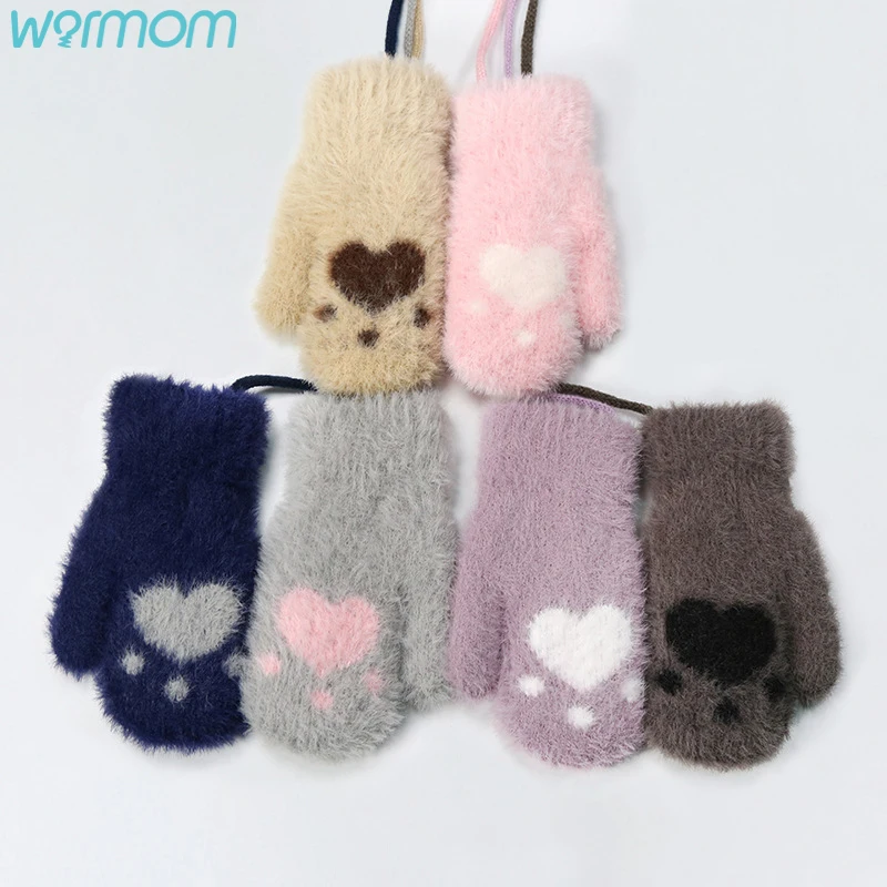 

Теплые Мультяшные милые вязаные теплые перчатки с ручным принтом для мальчиков и девочек вязаные шерстяные перчатки с воротником хомутом д...