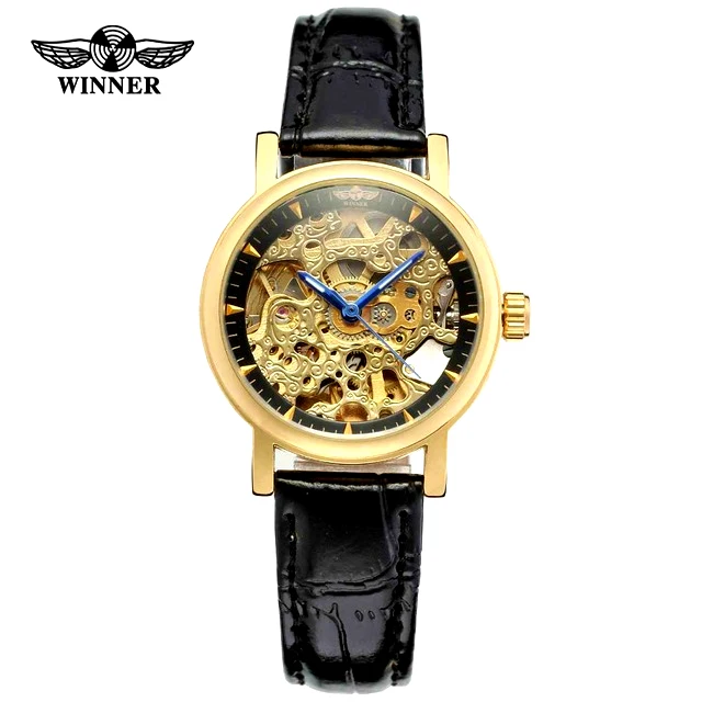 gold black Бренд WINNER, женские автоматические механические часы со скелетонным циферблатом и кожаным ремешком, женские часы - Цвет: gold black