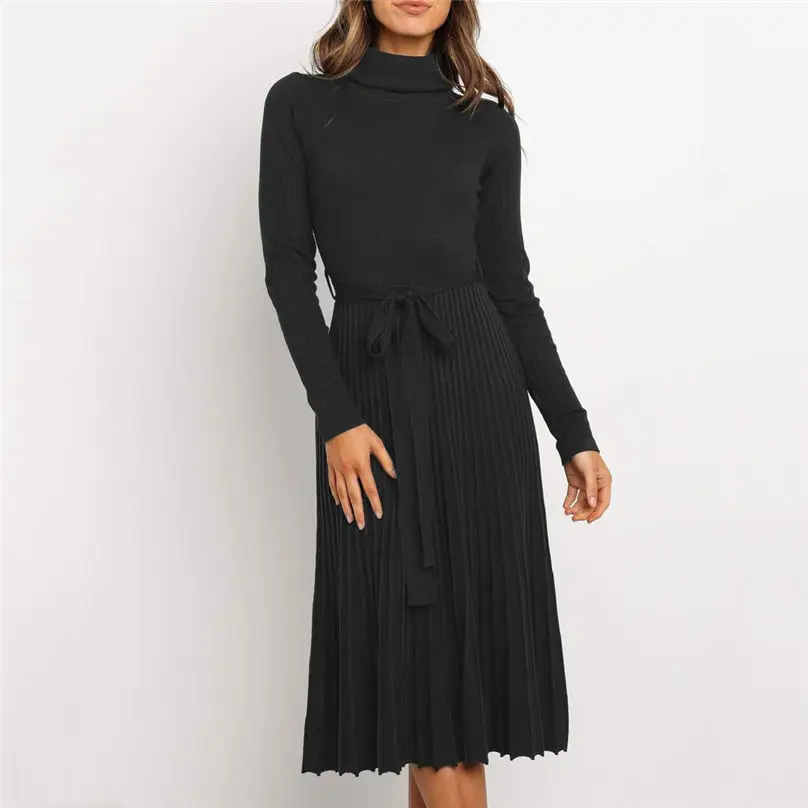 Модные женские зимние платья с высоким воротом 2019 приталенное Повседневное