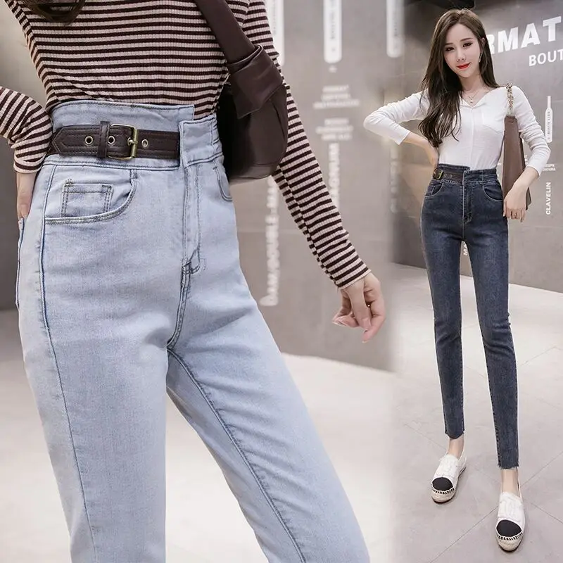 

Джинсы стрейч с высокой талией, ретро Гонконгский стиль, девять cent брюки женские тренд 2020 синий и черный утягивающие облегающие