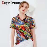 suyadream women print polos 100real silk short sleeves casual shirts 2021 spring summer t shirts plus size