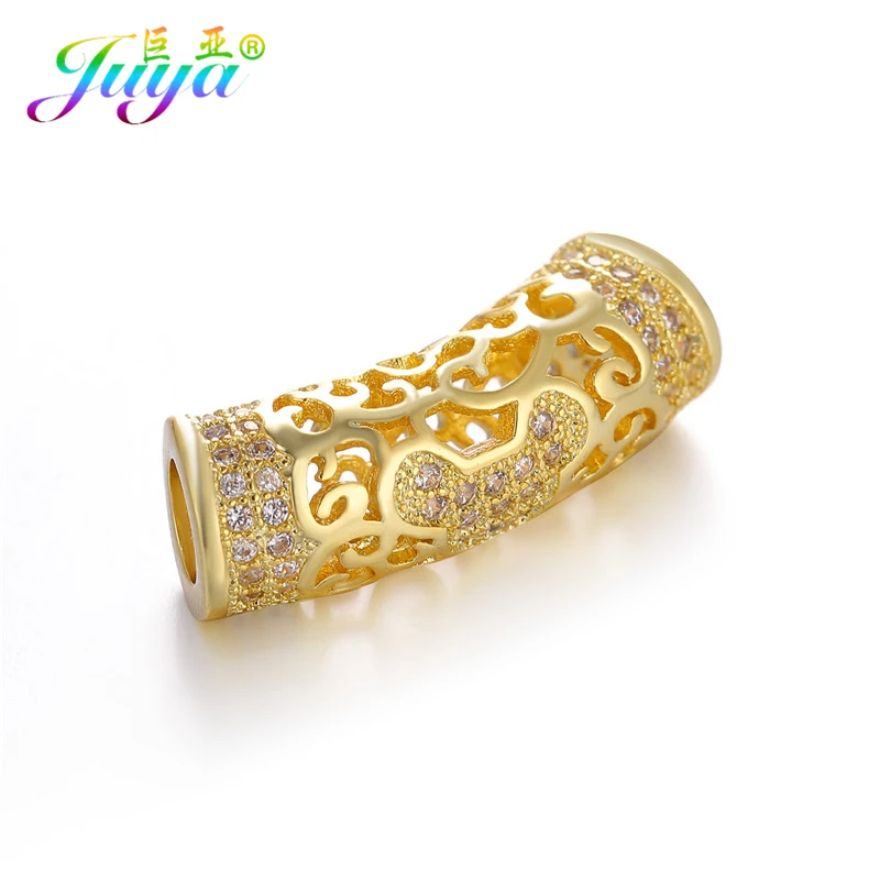 Gold Juya DIY золотые/серебряные/розовые золотые разделительные бусины, поставки, микро проложенные циркониевые изогнутые трубчатые бусины для изготовления ювелирных изделий из натурального камня и жемчуга - Цвет: Gold