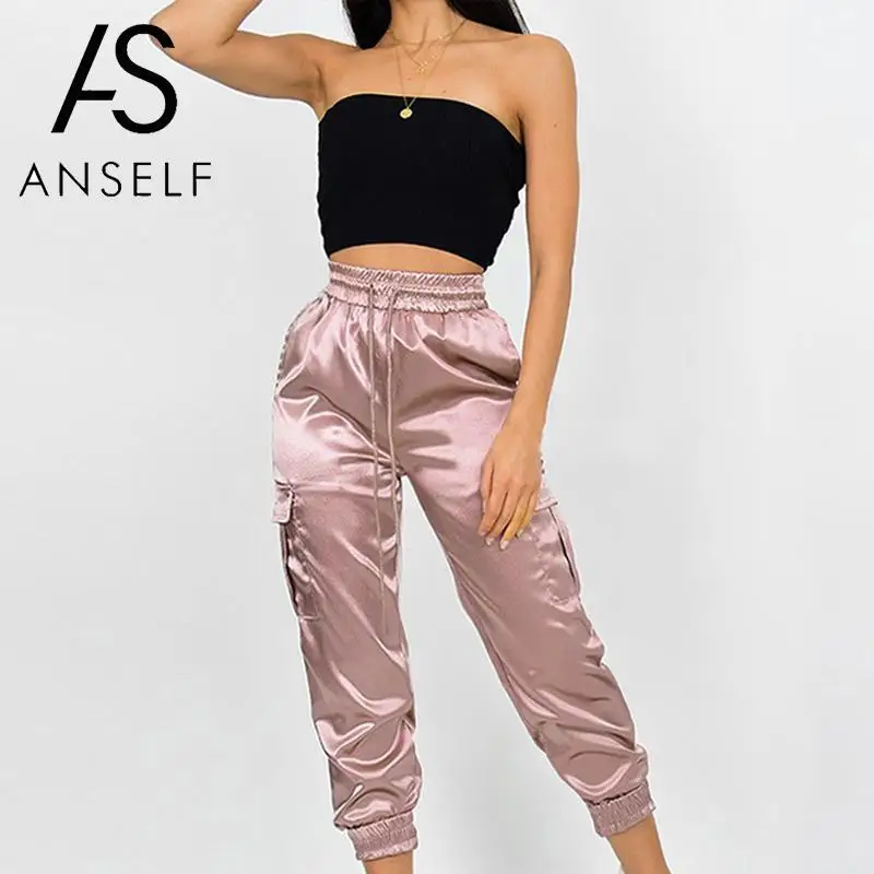 Женские спортивные штаны-джоггеры розовые шаровары с высокой талией и