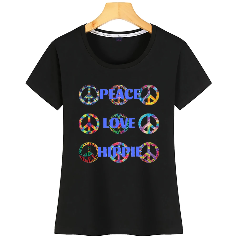 Топы Футболка женская Peace Love Hippie знаки модные надписи короткая футболка | Женская