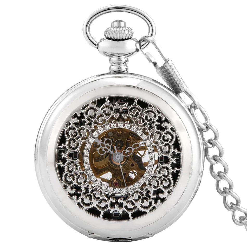 

Изысканные Серебристые/черные гравированные полые механические часы антикварная подвеска ручная работа карманные часы на цепочке ручные ...
