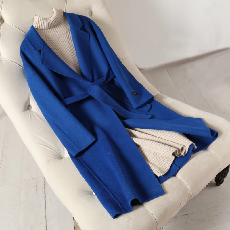 2019 Double-sided Cashmere Overcoat Female Long Style Skinny Korean 100% Wool Fabric Solid Belt Fashion | Женская одежда