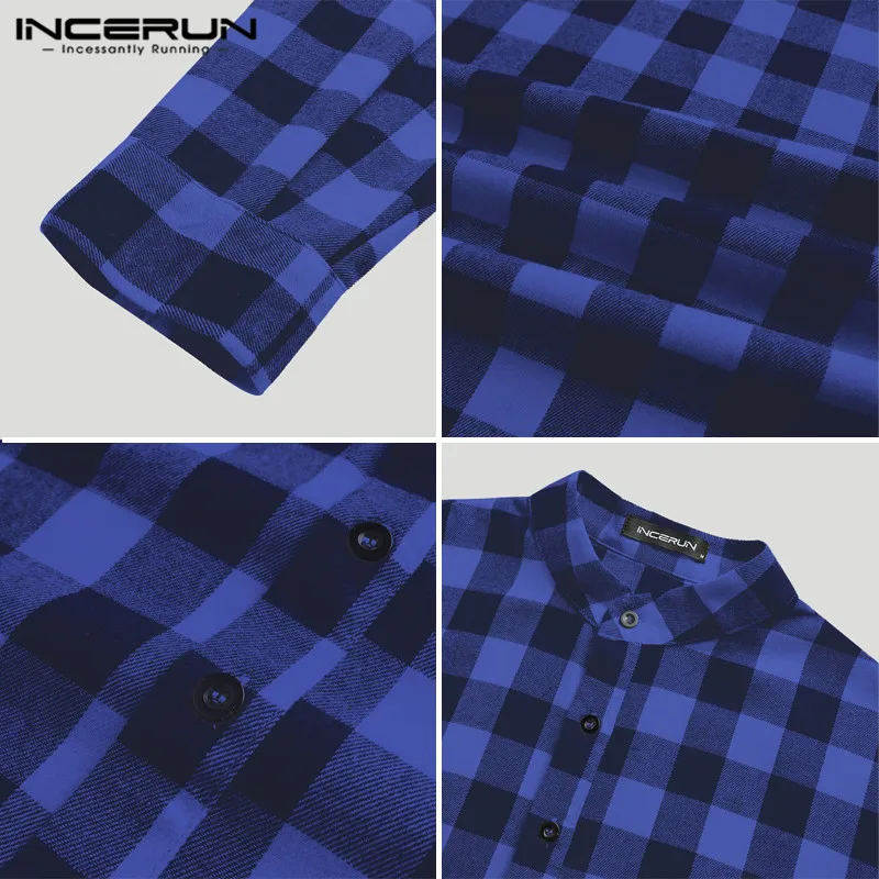 

Fashion Long Sleeve Stand Collar Nightgown INCERUN Men Plaid Sleep Robes Man Loose Button Sleepwear Casual Lattice Pajamas S-5XL