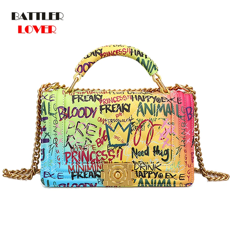 

Rainbow Color Luxury Handbags Women Bags 2020 Designer Graffiti Crossbody Bags for Female Purses and Handbags Famous Brand Flaps