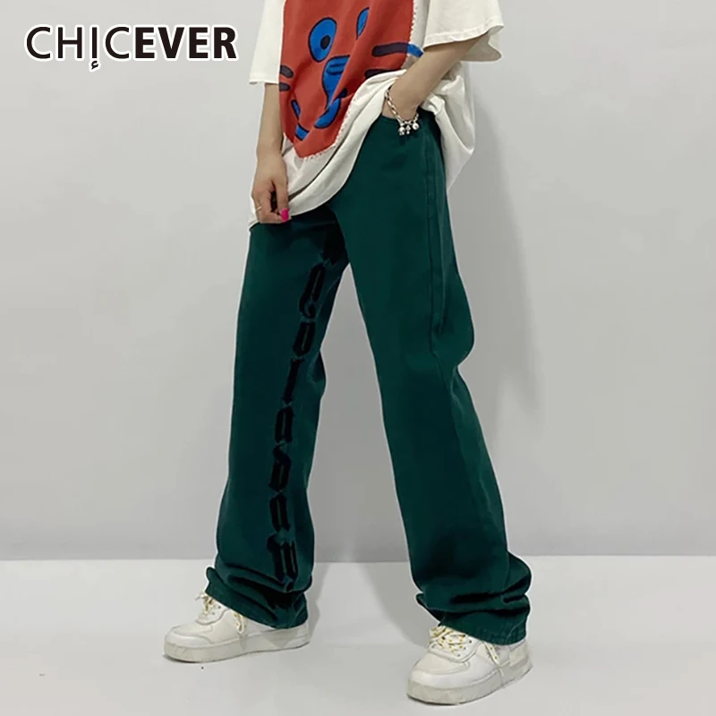 

CHICEVER Embroidery Letter Denim Pant For Women High Waist Full Length Straight Loose Jeans Female Spring Fashion 2021 Stylish