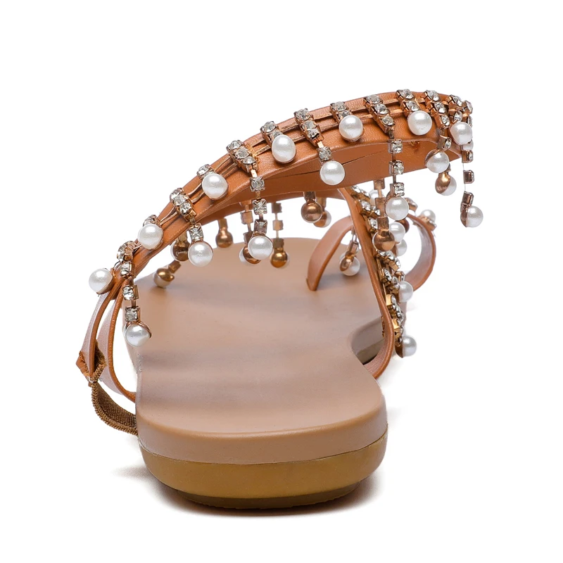

Women Summer Rome Sandals Rhionestone Pearls Tassels Ankle Strap Party Flats Lady Shoes Fashion New Beach Slippers for Female