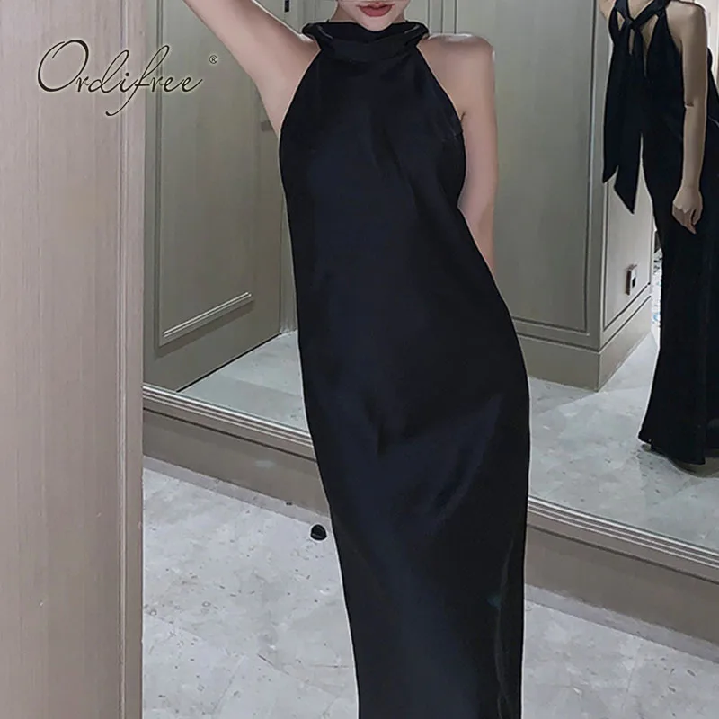 Женское длинное вечернее платье Ordifree элегантное черное атласное