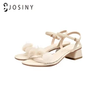 josiny 2021 womens sandals lady high heel shoes dress shoes woman fur decoration party heels wedding shoes pu leather open toes