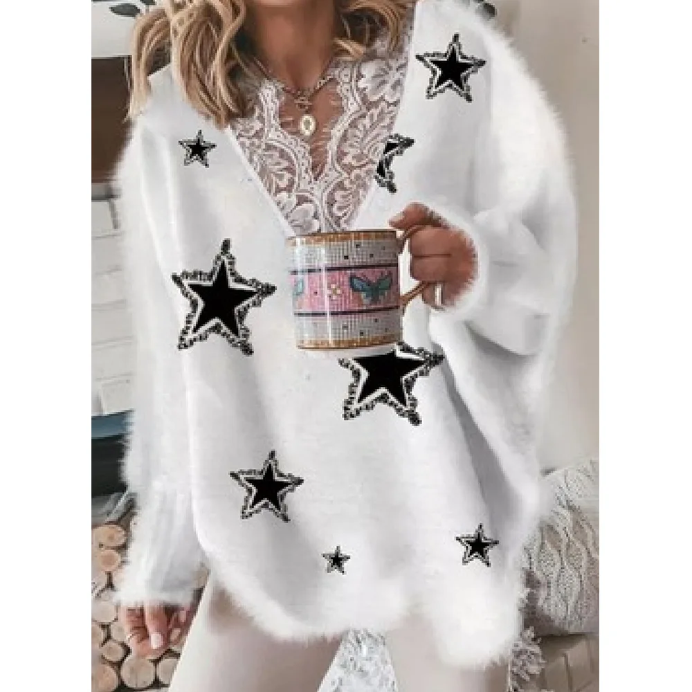 

Lugentolo Knit Lace V Neck Sweater Women Five-pointed Star Print Fall Winter Streetwear Loose Top Fall Winter New Sweaters