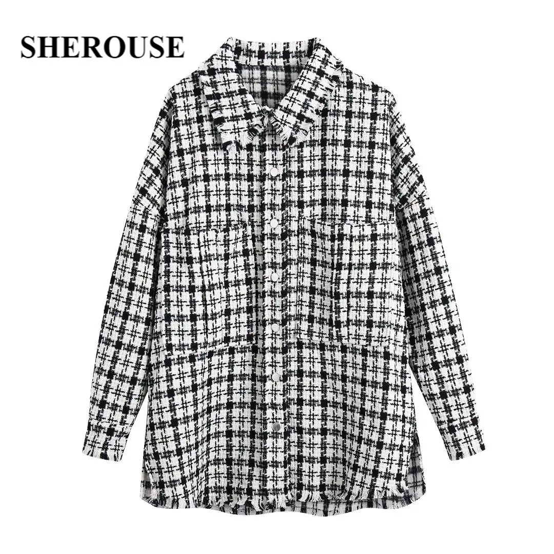

Sherouse Women Fashion Plaid Tweed Jacket Lapel Collar Long Sleeves Front Pockets Frayed Trims Chic Lady Woman Overshirt