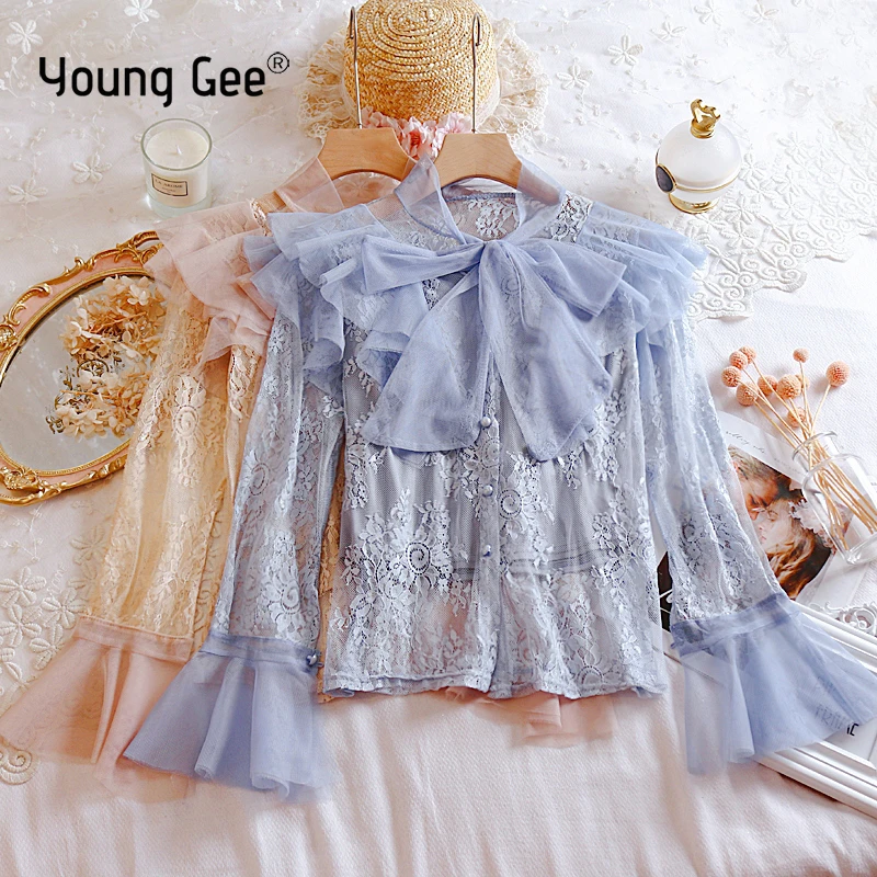 YoungGee кружевная Лоскутная Блузка с расклешенными рукавами одним пуговицами | Отзывы и видеообзор