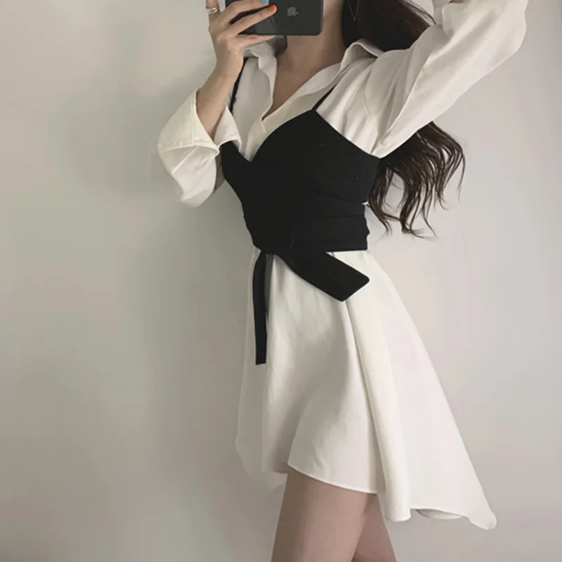 

Summer Women's Shirt Dress Empire Sashes Patchwork A-line button Turn-down Collar Mini Shirt Dress Sexy Female Dress Women PL051