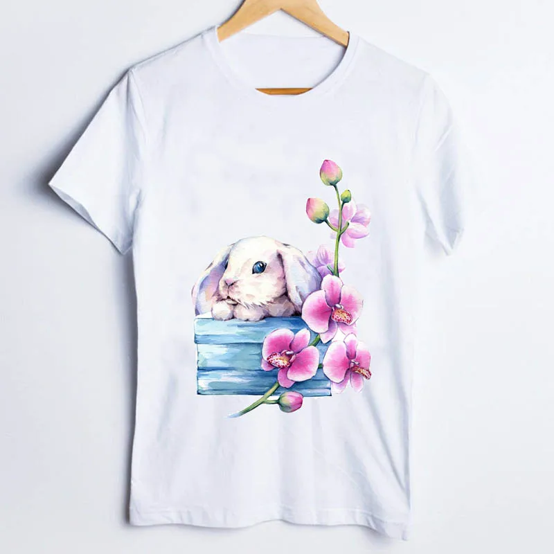 

Summer Tees for Women Cartoon Rabbit Flower Lovely Casual Short Sleeve Fashion Ladies Clothes Lady Tops Clothing Female T-Shirt