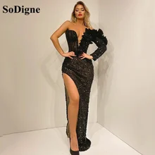 SoDigne Vestidos de Noche de sirena negra para mujer, vestido de fiesta Formal elegante con lentejuelas, plisado, largo, lateral dividido, 2022 (1)