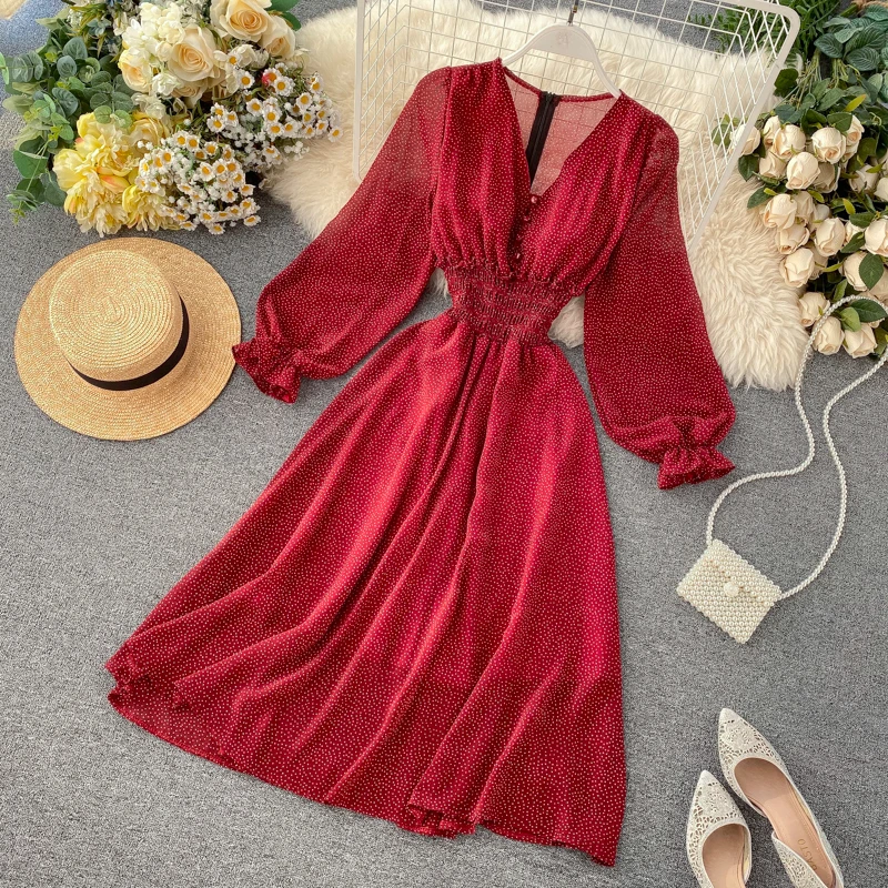 Женское шифоновое платье в горошек красное вечерние нное вечернее с V образным