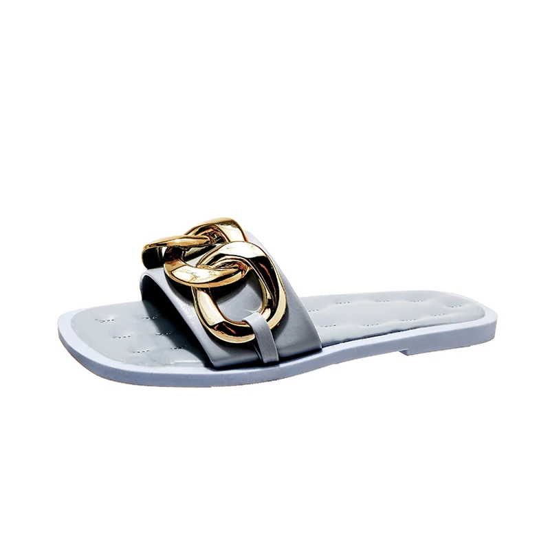 

Shoes Woman 2021 Female Slippers Luxury Slides Rivet New Designer Flat Summer Rubber PU Metal Decoration Basic Fashion Flat Shoe