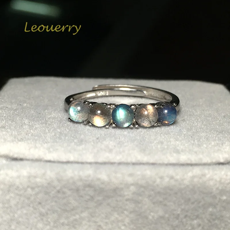 

Leouerry 925 Sterling Silver Natural Moonstone Open Rings Women Elegant Princess Ring with 5pcs Labradorite Stones Eternity Ring