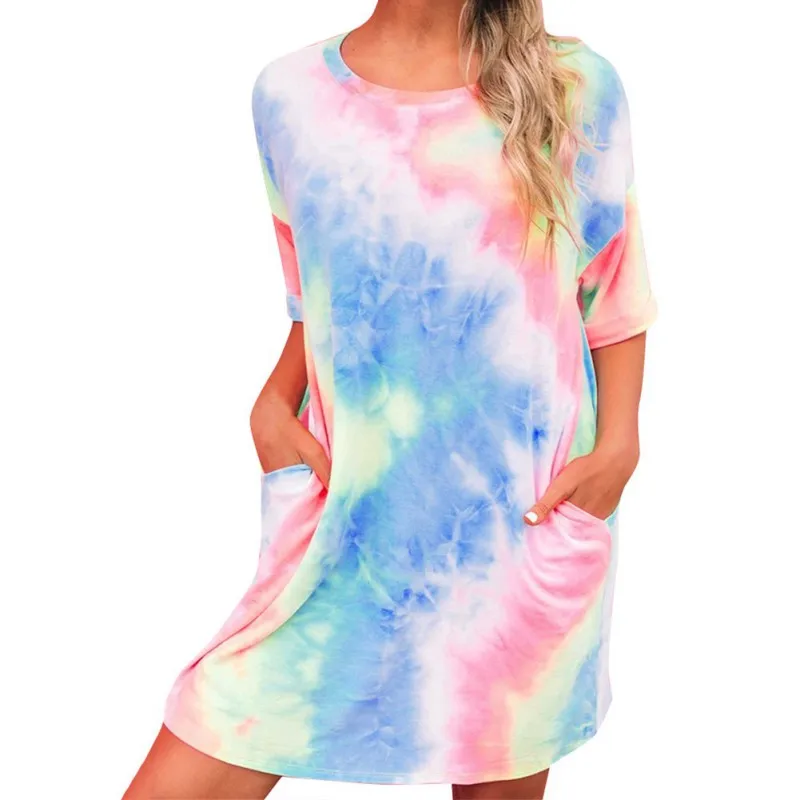 

Women s Summer Tie Dye Mini Dress Casual Round Neck Short Sleeve Casual Loose Ladies Vestidos 2021.03