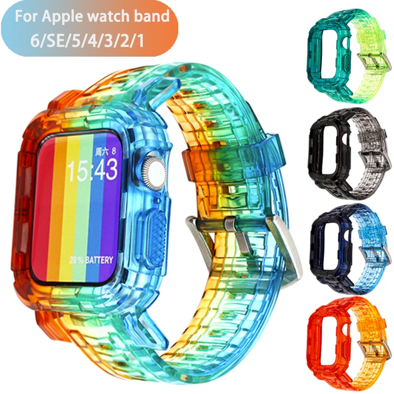 

Silicone transparent Strap For Apple Watch band 6 SE 5 4 3 2 Gradient colorful Bracelet For iWatch Series Strap 44\40mm 38\42mm
