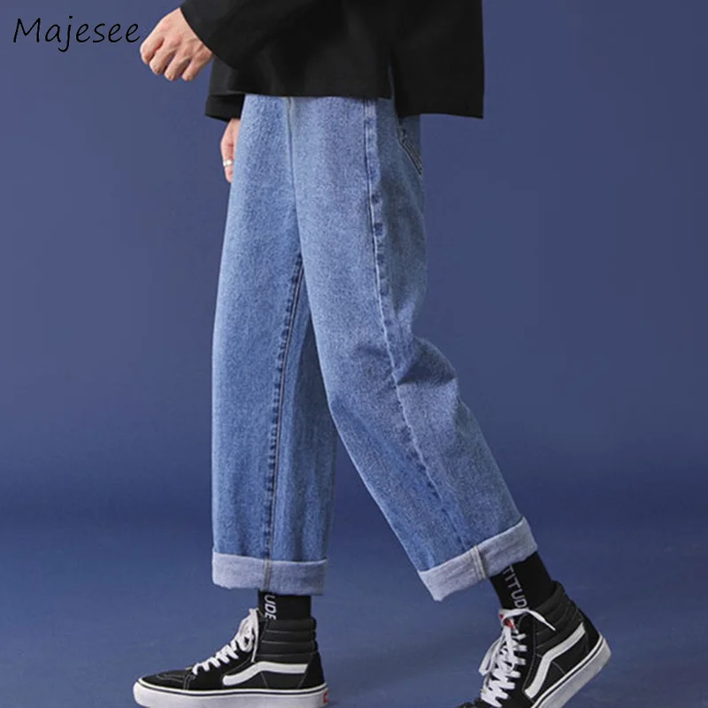 

Мужские джинсы до щиколотки, модные однотонные винтажные уличные мужские универсальные Простые повседневные Классные джинсовые брюки Ulzzang...