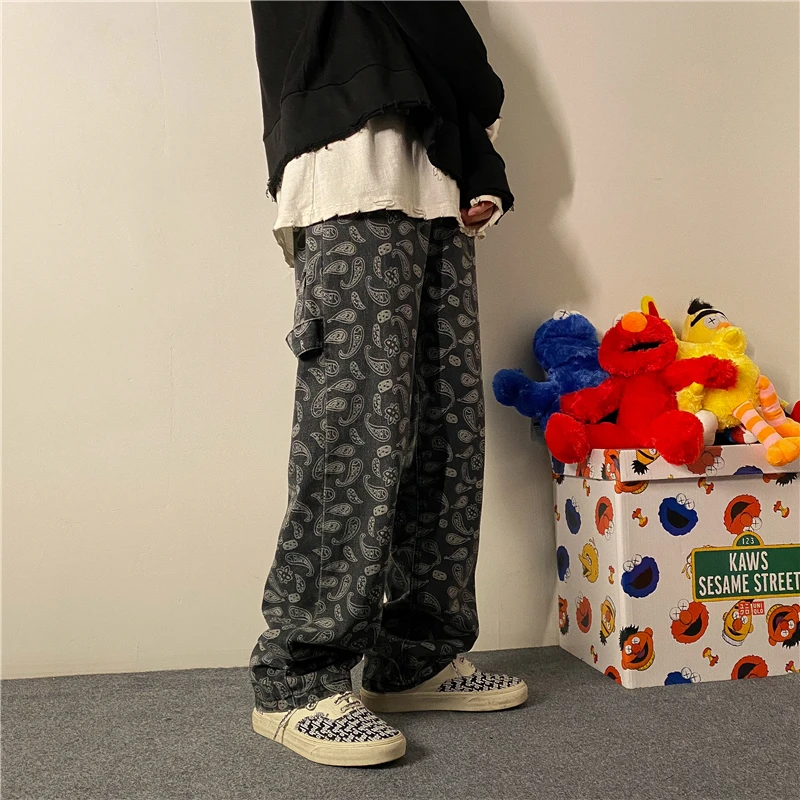 

Fashion Jeans Spring 2021 New High Street Cashew Flower Straight High Waist Loose Denim Pants streetwear pantalones