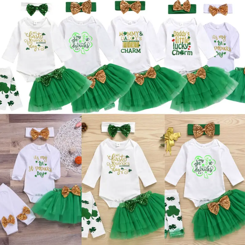 

My First St. Patrick's Day Baby Girl Romper Top+Tutu Skirts Kids 4Pcs Clothes Set 0-12 months