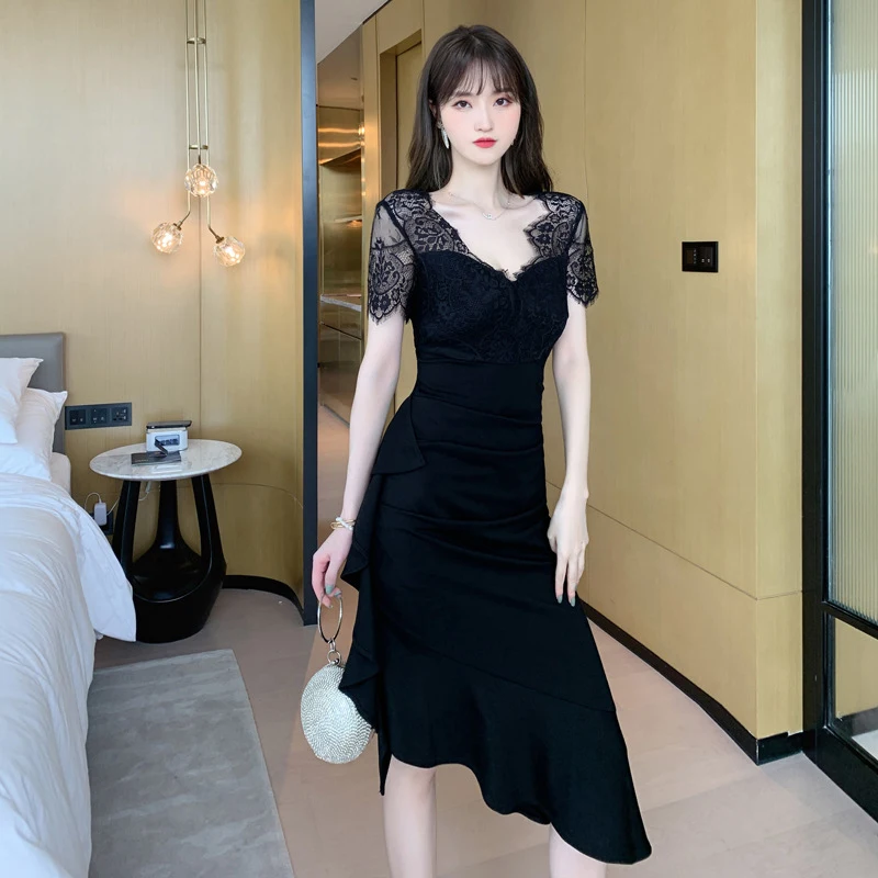 

new arrival fashion korean style party dress women elegant summer temperament OL sexy lace perspective black asymmetrical dress