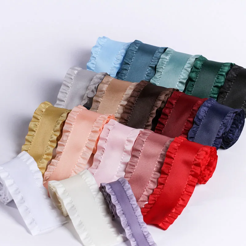 50yards Ruffled Stain Ribbon Wired Flounce Double Edge Face Valentine Wedding Stuff Gift Wrap Mille Handmade Hair Accessories
