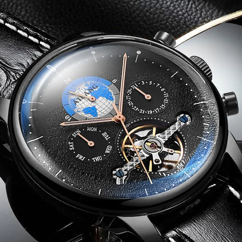 AILANG TOP luxury Man's automatic leather wrist watch sapphire glass skeleton fashion reloj minimalism mechanical turbo watch