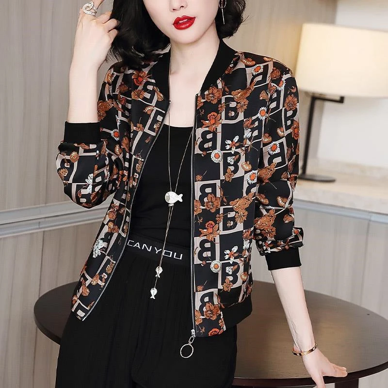 

Chic Thin Printing Short Coat Women Korean Fashion Zipper bomber jacket Femela Spring Casual Loose Floral Outwear Ladies