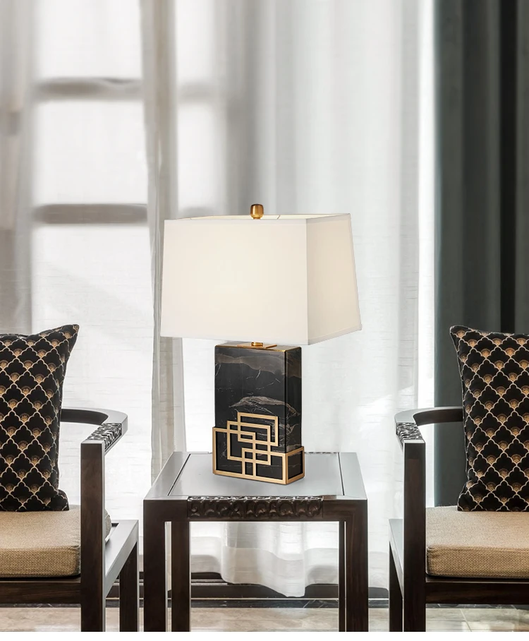 

Light luxury new Chinese style modern American marble texture metal living room bedroom cloth cover table lamp