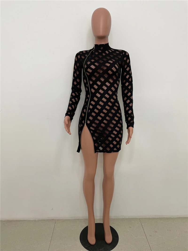 

Zoctuo Dress For Women Hollow Out Mesh Zipper Dress Sexy Turtleneck Long Sleeve High Split Mini Nightclub Party Dresses 2021 New