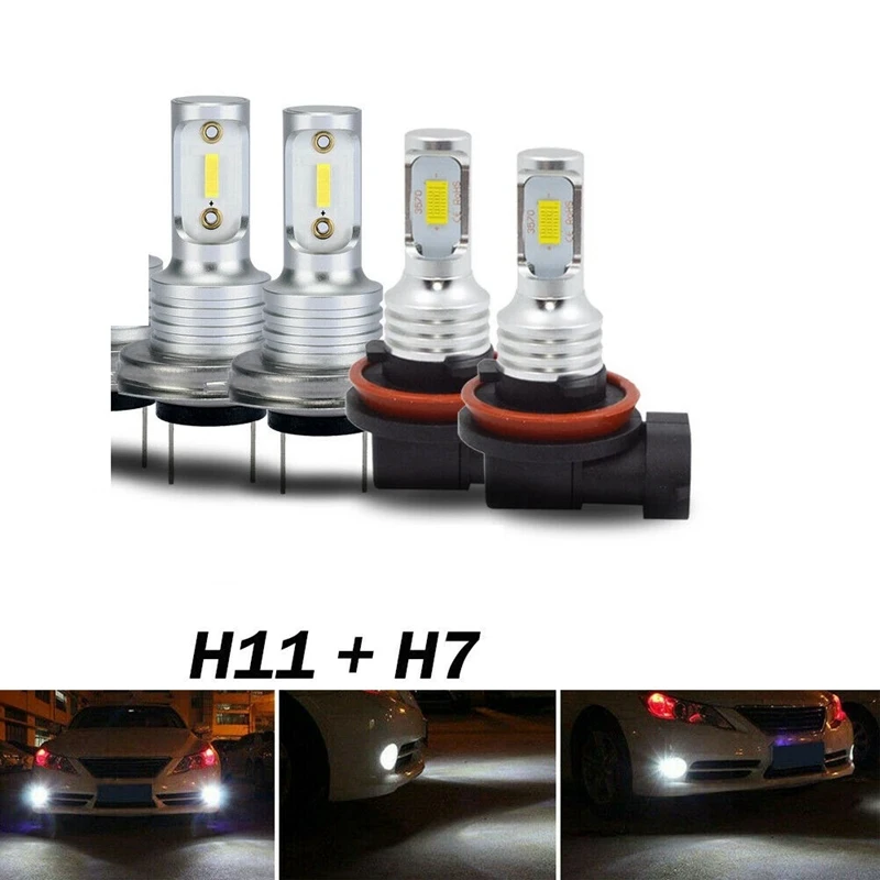 

Комплект светодиодных ламп H11 + H7 для фар дальнего и ближнего света, противотуманные фары 6500 К, белые, 2 комплекта