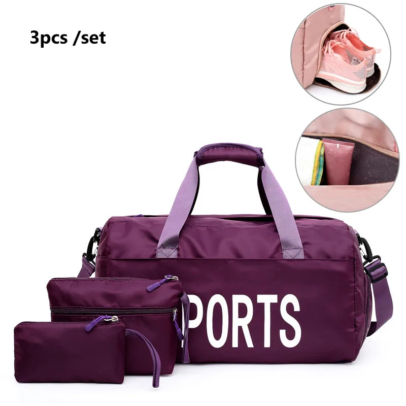 3pcs set purple Спортивные сумки для фитнеса для женщин и мужчин, тренировочная сумка с буквенным принтом, дорожная сумка-мешок, сумка для багажа на выходные, сумка для спортивной гимнастики XA772WA - Цвет: 3pcs set purple