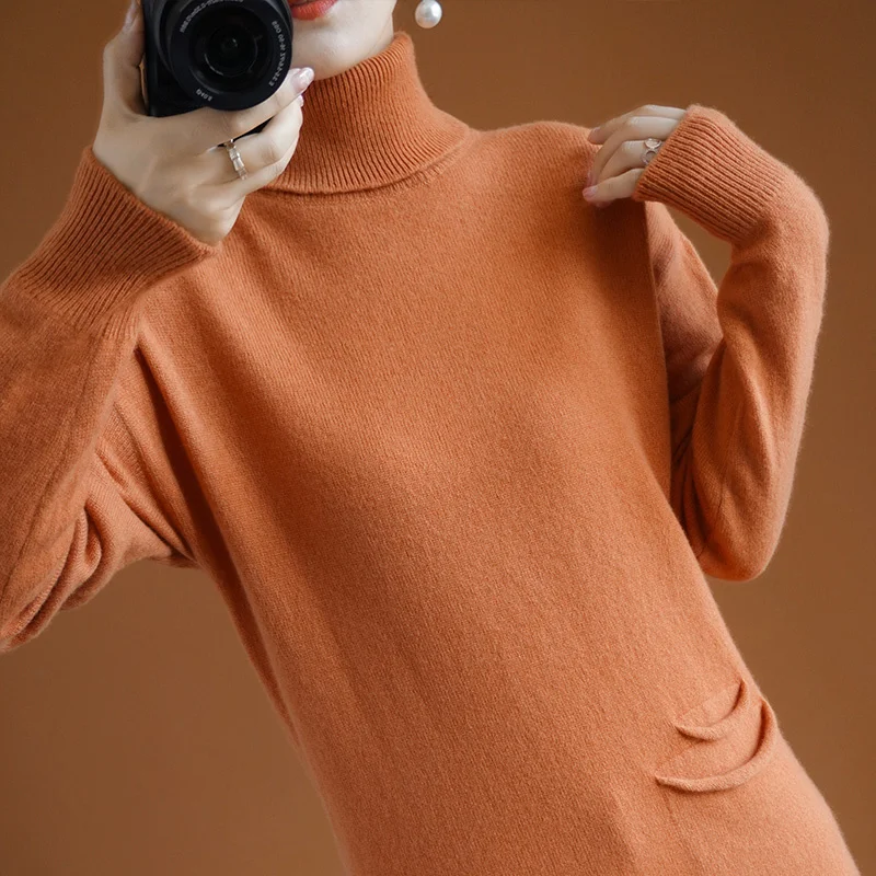 Длинная вязаная рубашка из чистой шерсти одежда с высоким воротником длинным