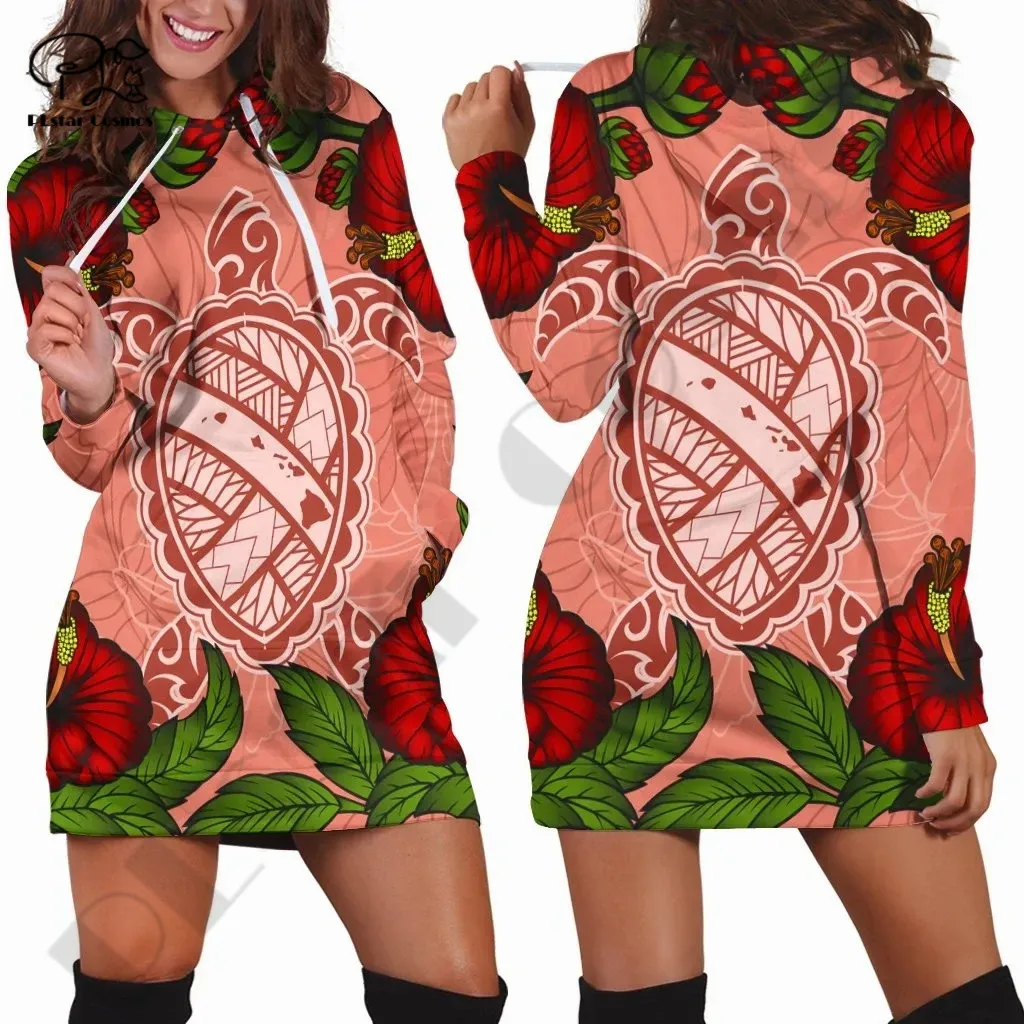 PLstar Cosmos 3Dprinted Newest Polynesian Tattoo Turtle Tribal Hibiscus Hoodie Dress Harajuku Streetwear Pullover Unique Woman 2