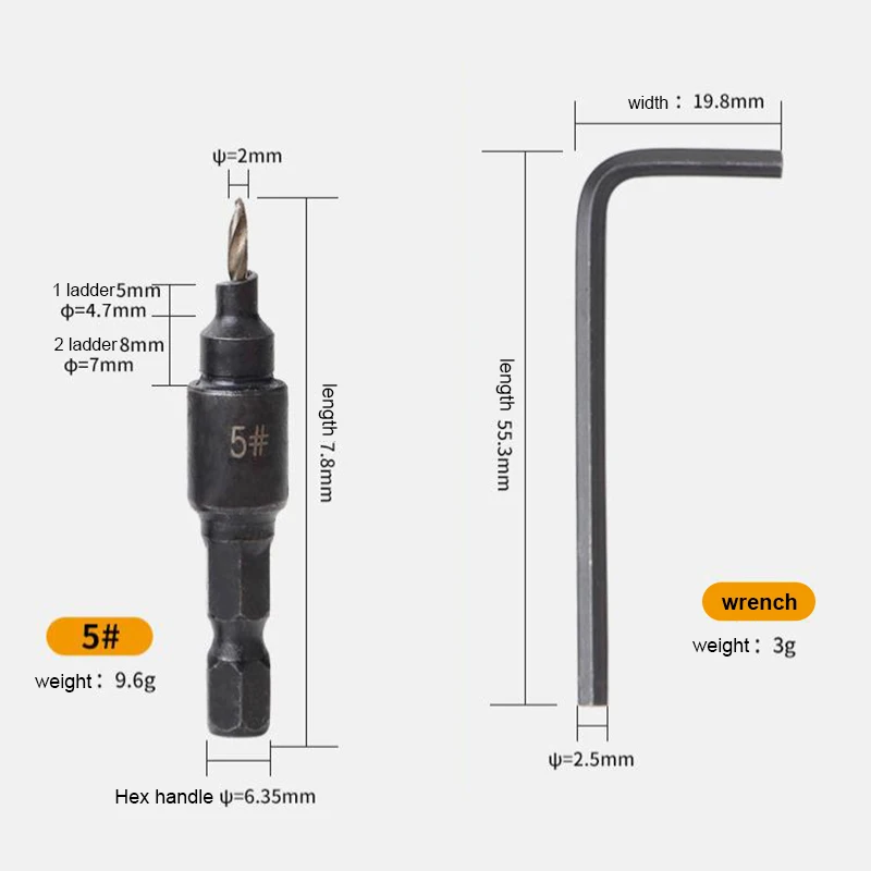 Набор сверл для зенковки комплект из 5 насадок сверления пилотных отверстий